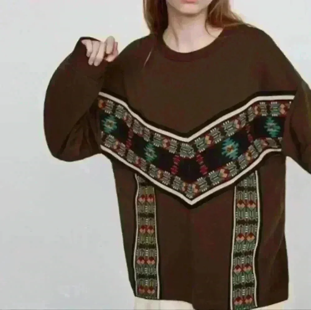 Zara Women's Brown Trafaluc Aztec Print Crew Neck Pullover Sweater M